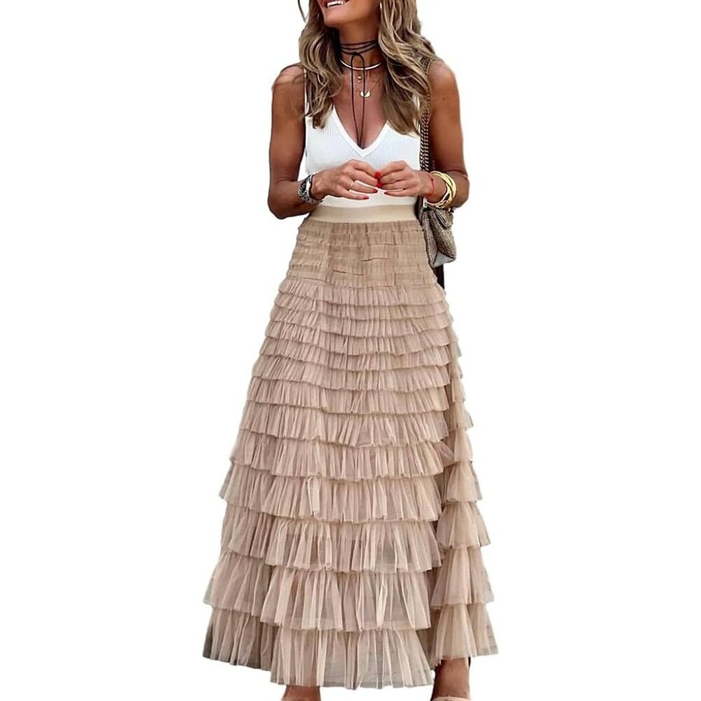 Soft Khaki Floor-Length Tulle Skirt - High Waisted Fluffy A-Line For Ladies